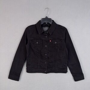 Levis Jacket Womens Medium Black Denim Trucker Cropped Biker Moto Rock Stretch